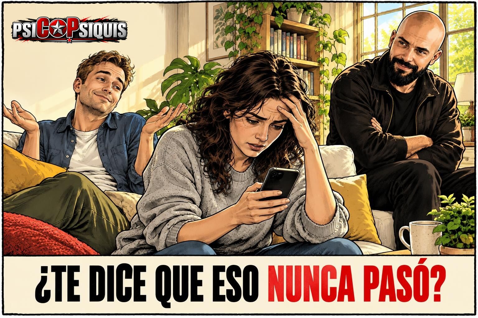 Mujer duda de su memoria mirando el móvil mientras su pareja le dice que eso nunca pasó: frases de gaslighting