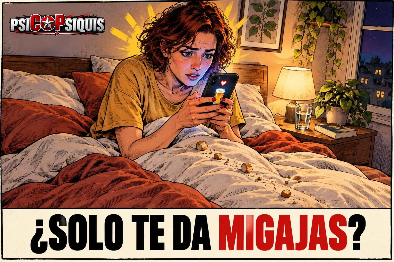 Breadcrumbing: mujer en la cama de madrugada mirando un mensaje esporádico en el móvil rodeada de migas