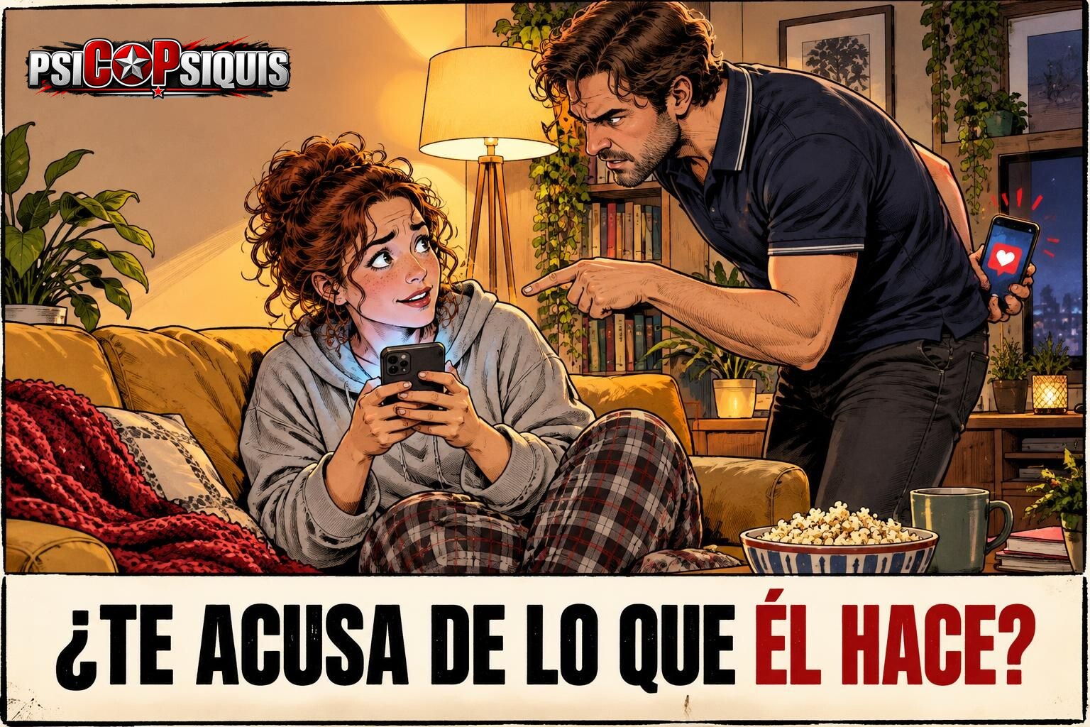 Proyección narcisista: hombre celoso acusa a su pareja por el móvil mientras esconde su propio teléfono con una notificación