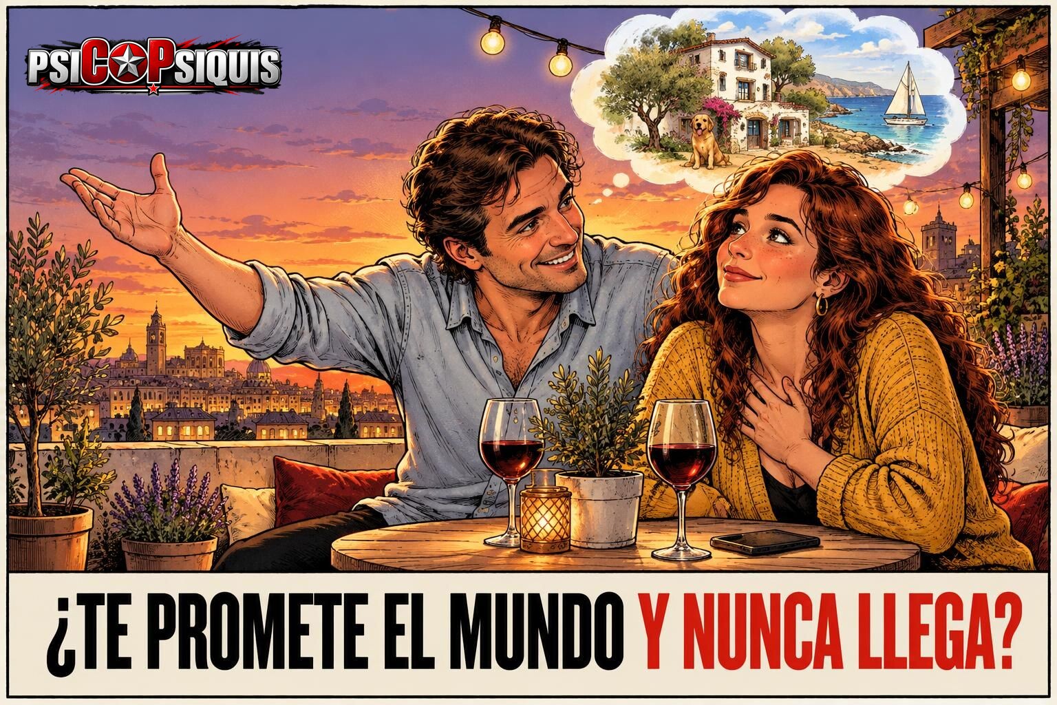 Future faking: un hombre promete a su pareja una casa en la playa en una terraza al anochecer