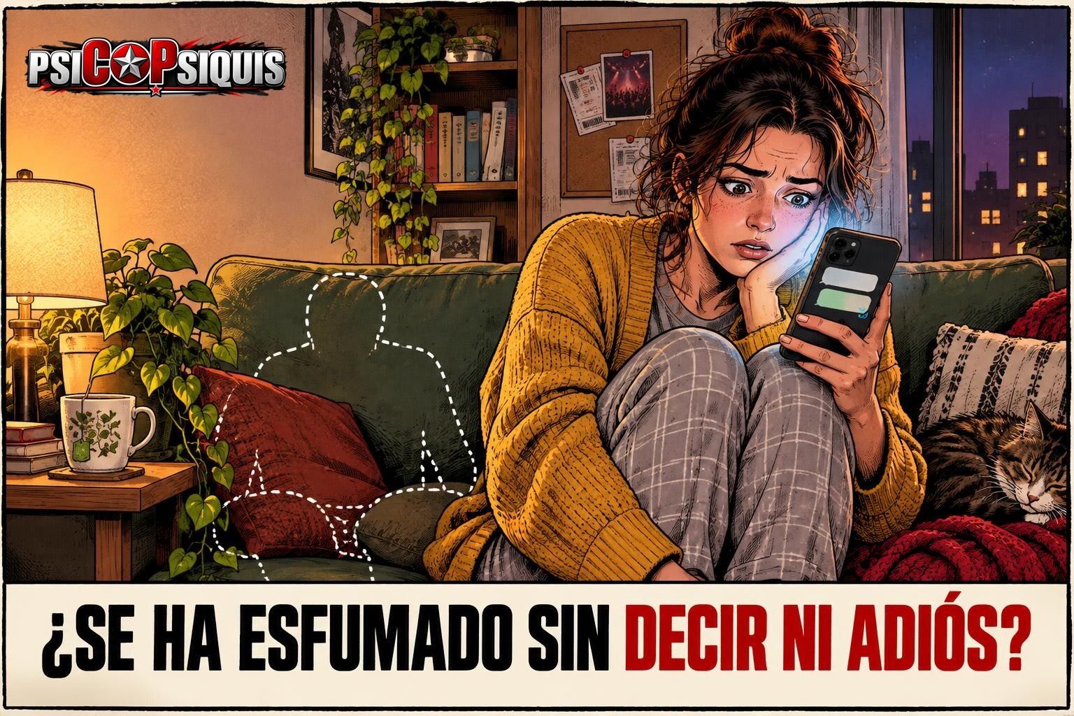 Mujer en el sofá de noche mirando el móvil tras sufrir ghosting: su mensaje sigue sin respuesta