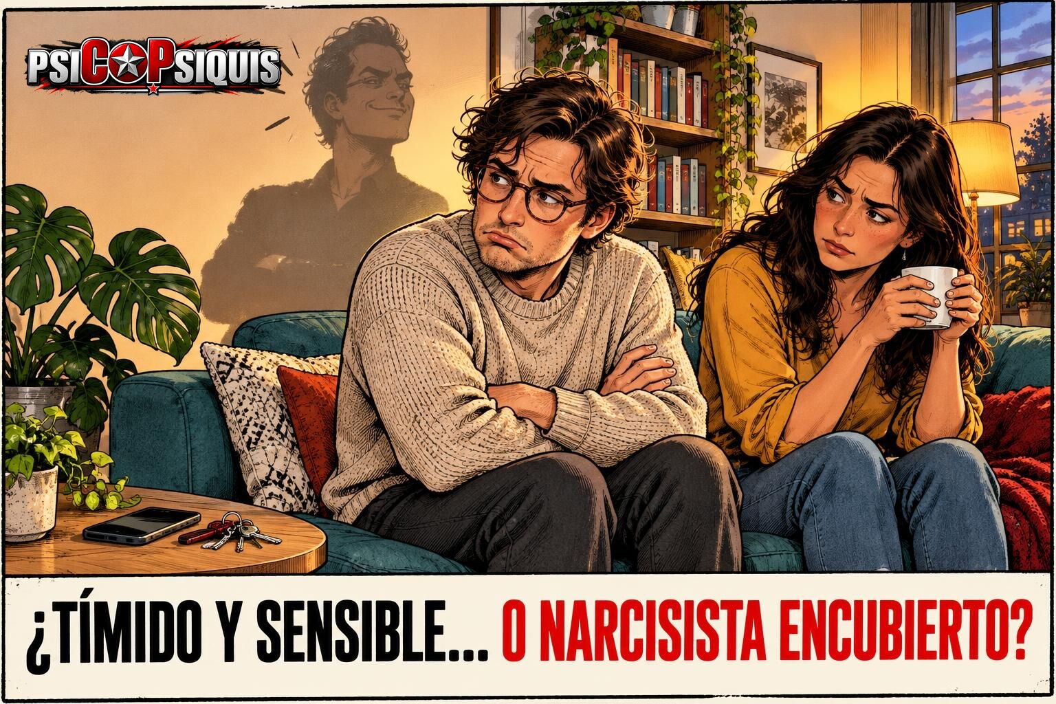 Mujer en el sofá mira de reojo a su pareja, que se hace la víctima con cara triste: señales de un narcisista encubierto