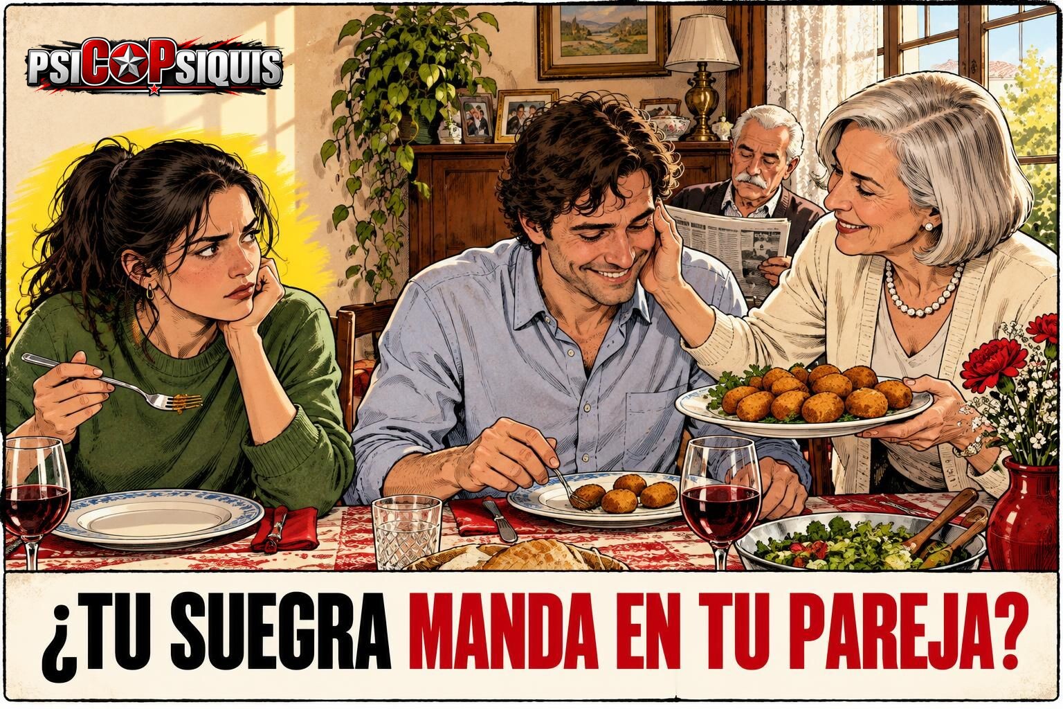 Suegra narcisista sirviendo solo a su hijo en la comida familiar mientras su pareja se queda sola