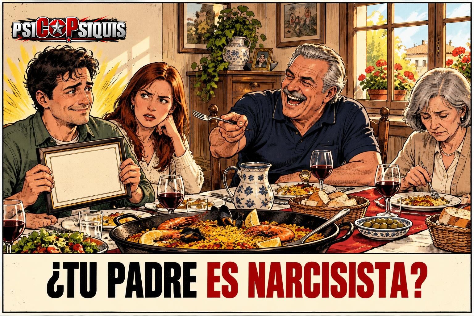 Padre narcisista burlándose de su hijo adulto durante la comida familiar del domingo
