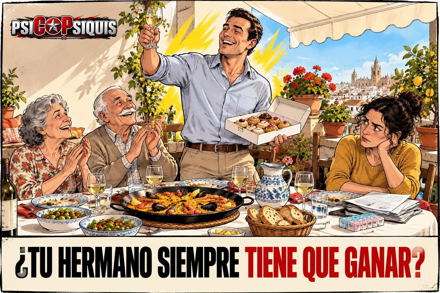 Hermano narcisista en una comida familiar acaparando la atención de sus padres mientras su hermana, que cuida de ellos, queda ignorada