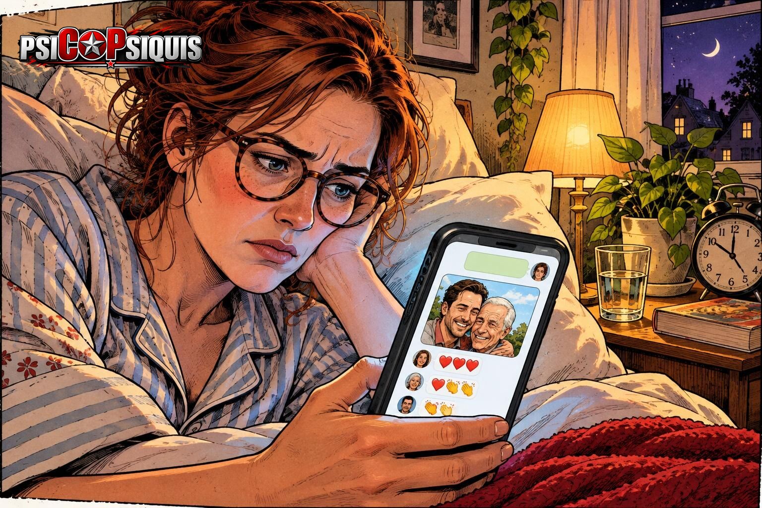 Mujer de noche en la cama mirando el grupo de WhatsApp familiar donde su hermano narcisista recibe todos los aplausos