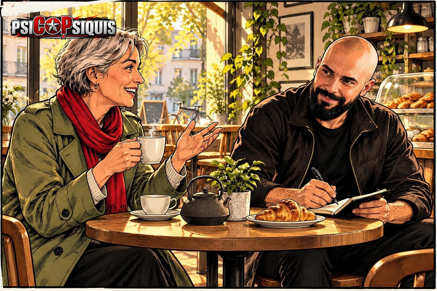 Rony Begood escuchando y tomando notas en una cafetería a una mujer que le cuenta su historia con su hermano narcisista