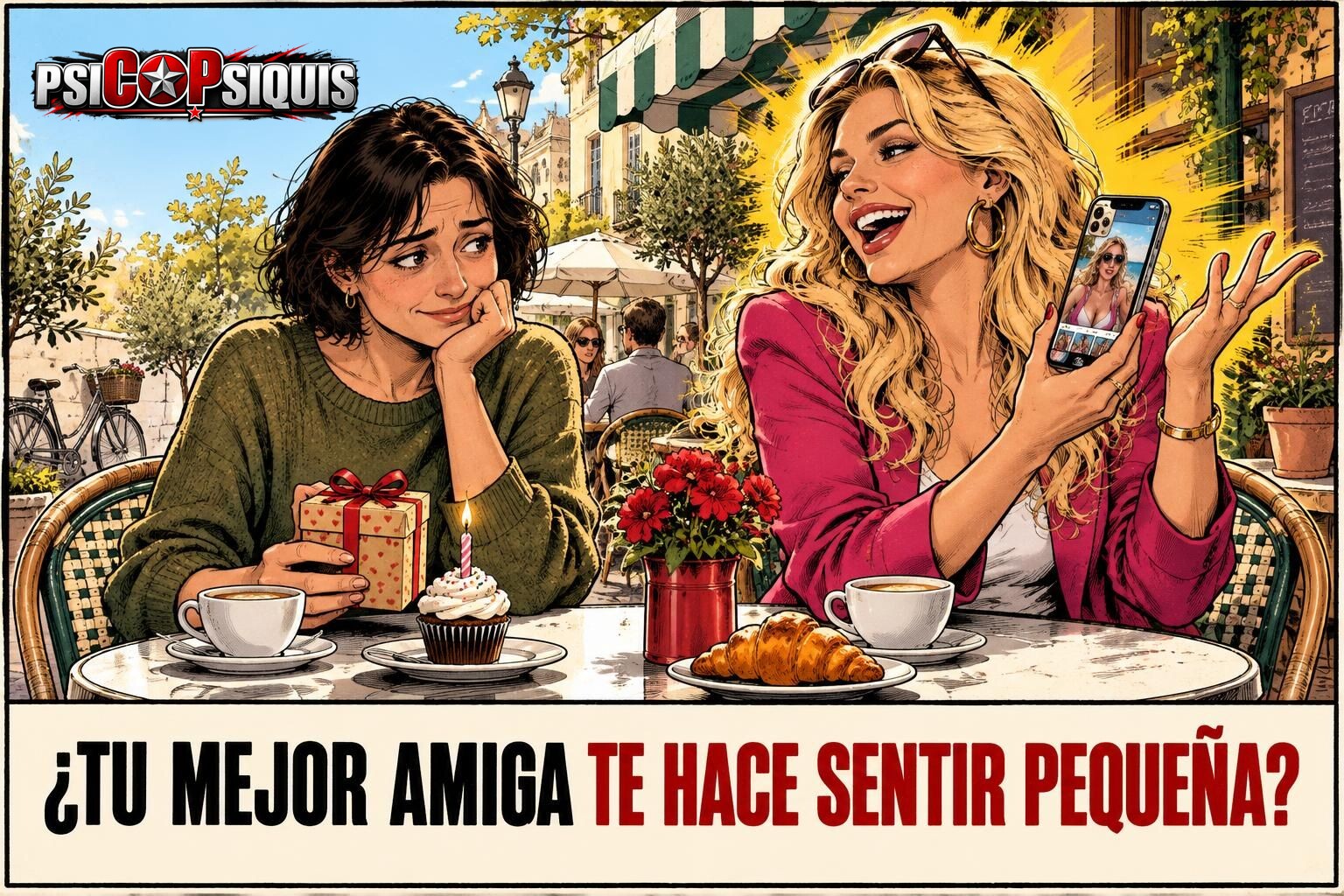 Amiga narcisista en la terraza de una cafetería hablando solo de sí misma mientras su amiga, que quería celebrar una buena noticia, queda ignorada